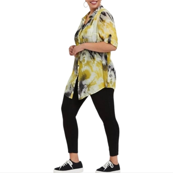 Torrid Chiffon Collared Button-Front Tunic Blouse Yellow‎ Black White Size 3X - Picture 2 of 15